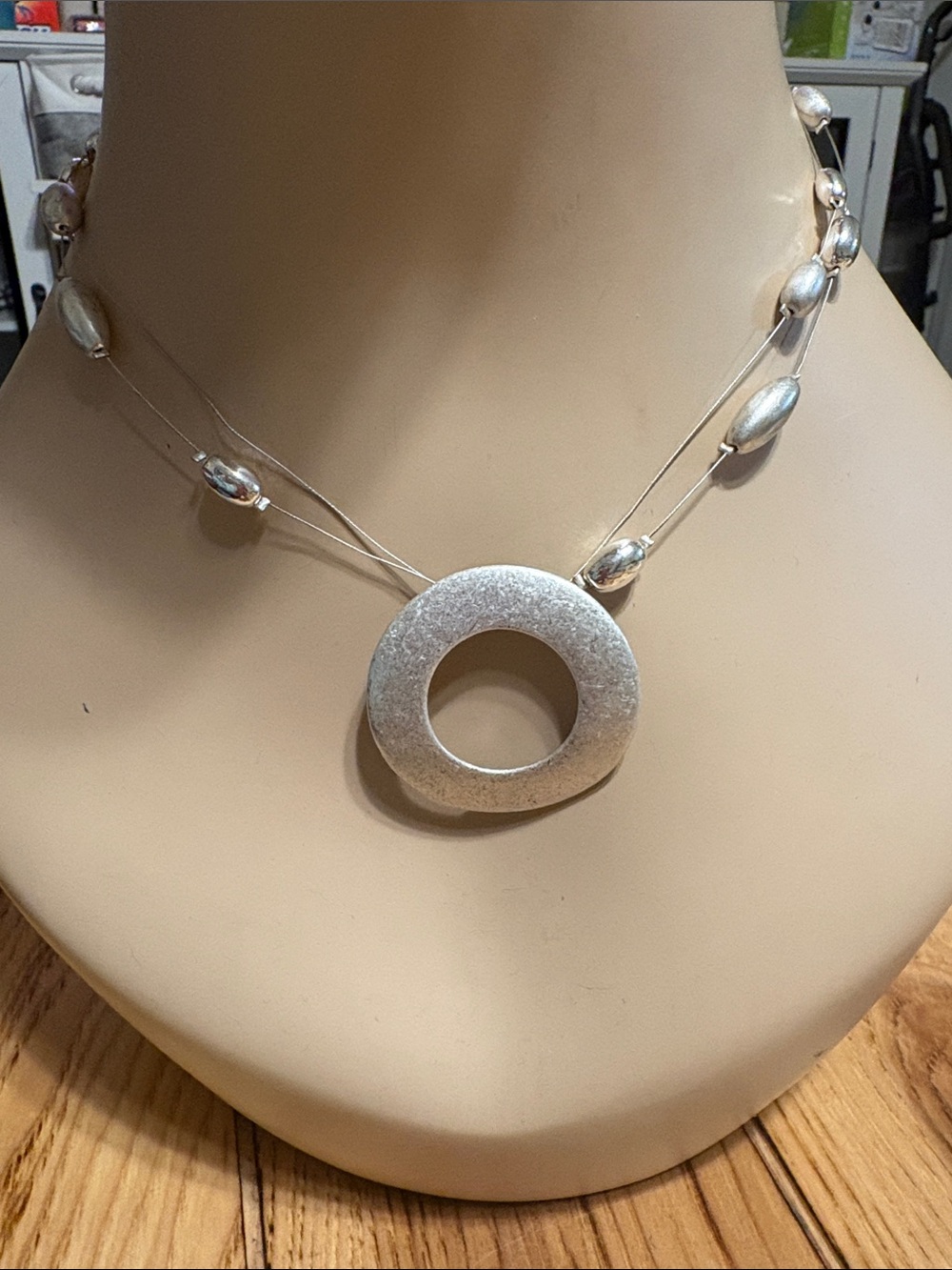 Chico's Silver Multi-Strand Necklace with Circular Pendant